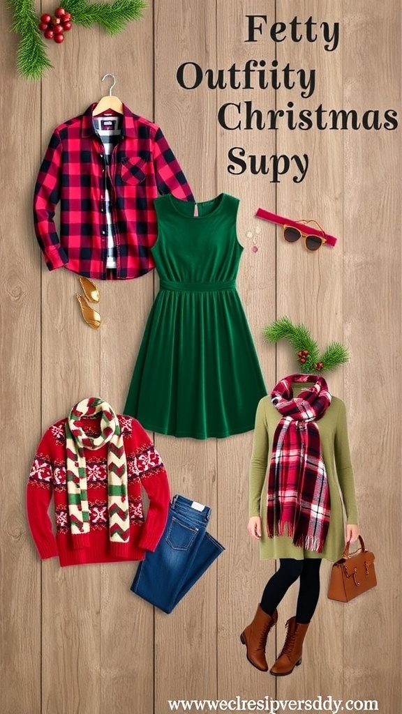Collage of stylish Christmas outfits including flannel shirt, velvet dress, Christmas sweater, and layered outdoor look.